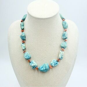 Vintage Chunky Blue Dyed Howlite and Coral Beaded Statement Necklace